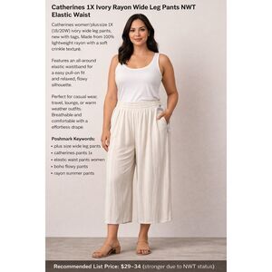 Catherines 1X Ivory Rayon Pull On Wide Leg Pants Elastic Waist NWT